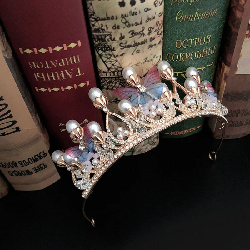Princess Crown for Girls Butterfly Tiaras Crystal Crown Wedding Flower Girl Headband Pearl Crystal Tiara