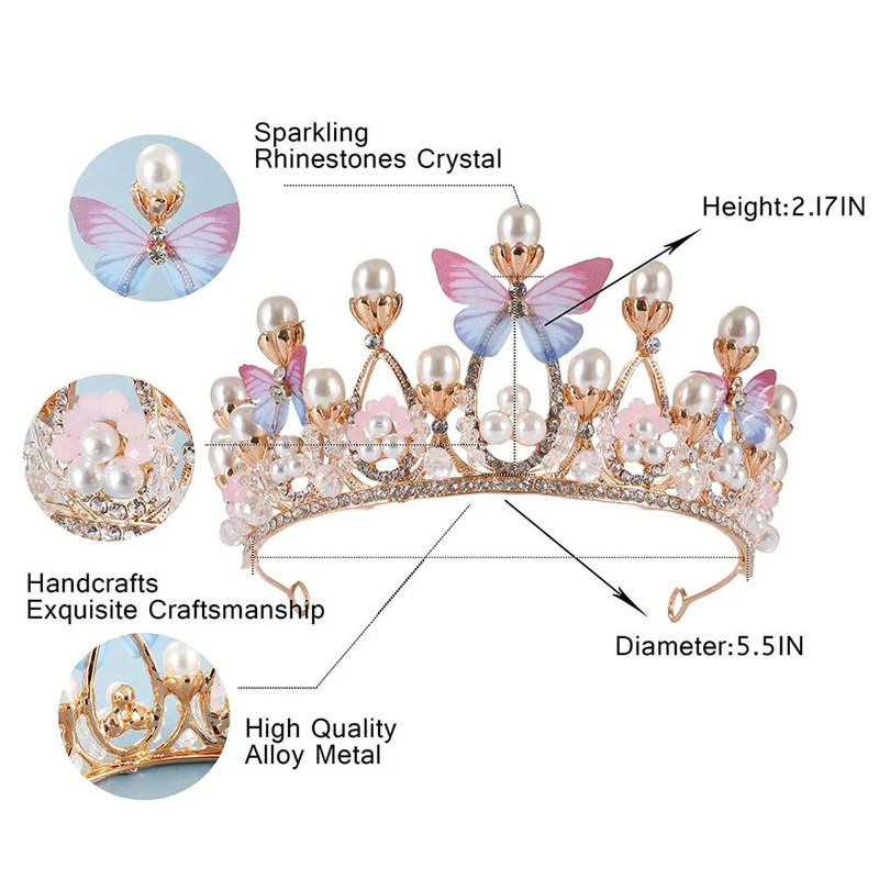 Princess Crown for Girls Butterfly Tiaras Crystal Crown Wedding Flower Girl Headband Pearl Crystal Tiara