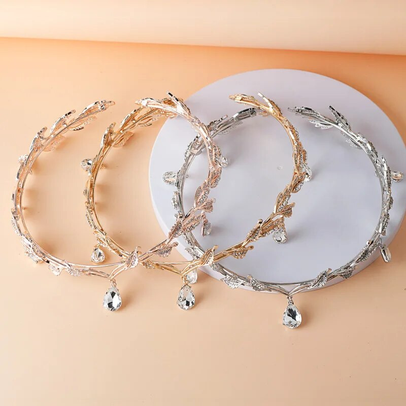 Kalnų krištolinio akmens vestuvių tiaros karūna nuotakoms, deivės elfo princesės fėjos krištolinis kabinamas galvos apdangalas su lapų karūna Cosplay karūna moterims, mergaitei