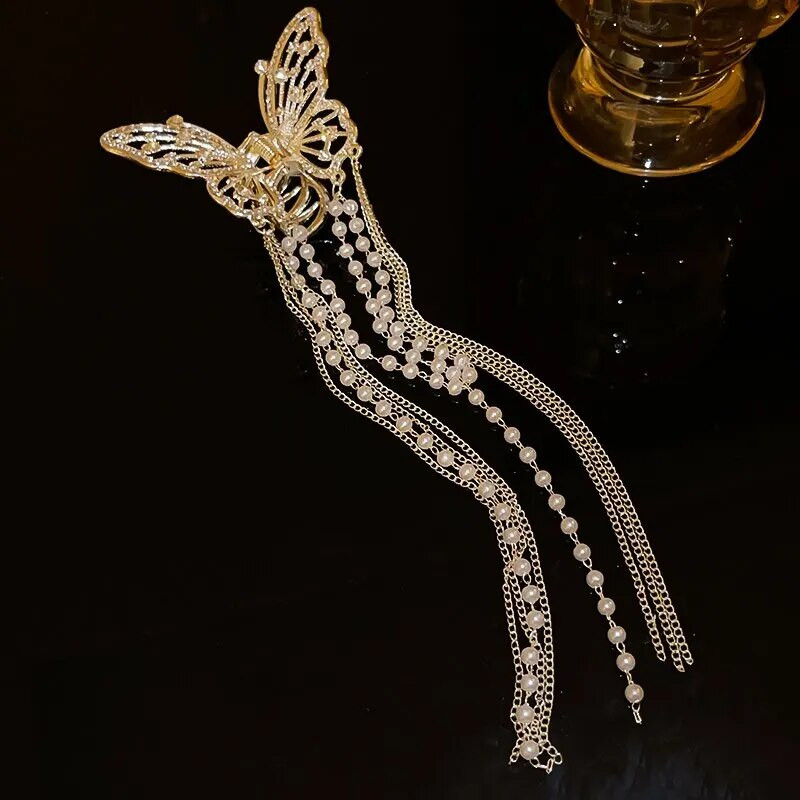 Drugelio plaukų segtukas su ilgais kutais plaukų aksesuarai moterims Elegantiški perlų imitacijos kalnų krištolo ryklio plaukų segtukai papuošalai