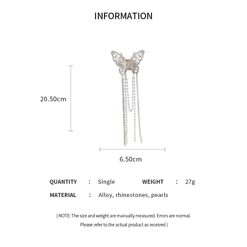 Drugelio plaukų segtukas su ilgais kutais plaukų aksesuarai moterims Elegantiški perlų imitacijos kalnų krištolo ryklio plaukų segtukai papuošalai