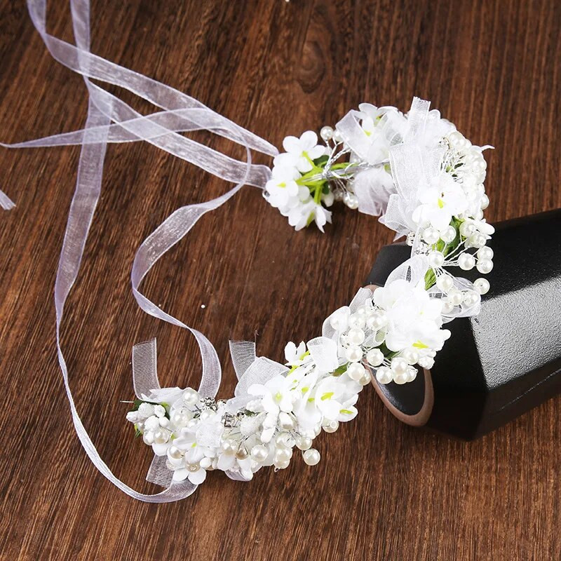 Ziedu pērļu matu lente ar lenti Kāzu līgavu matu aksesuāri Temperamenta galvas lentes Laulību ballītes vainags Garland Rotaslietas