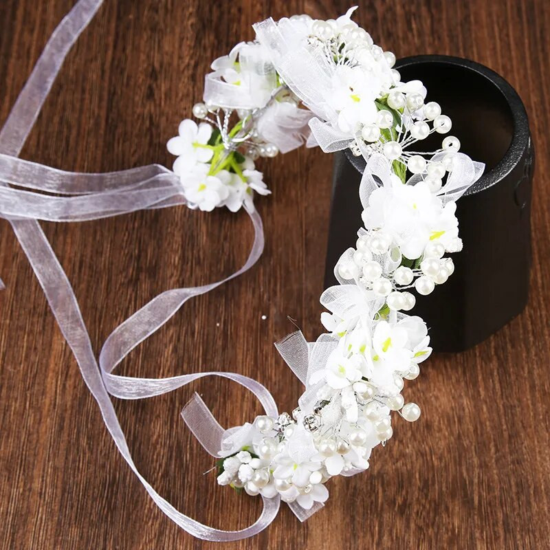 Ziedu pērļu matu lente ar lenti Kāzu līgavu matu aksesuāri Temperamenta galvas lentes Laulību ballītes vainags Garland Rotaslietas