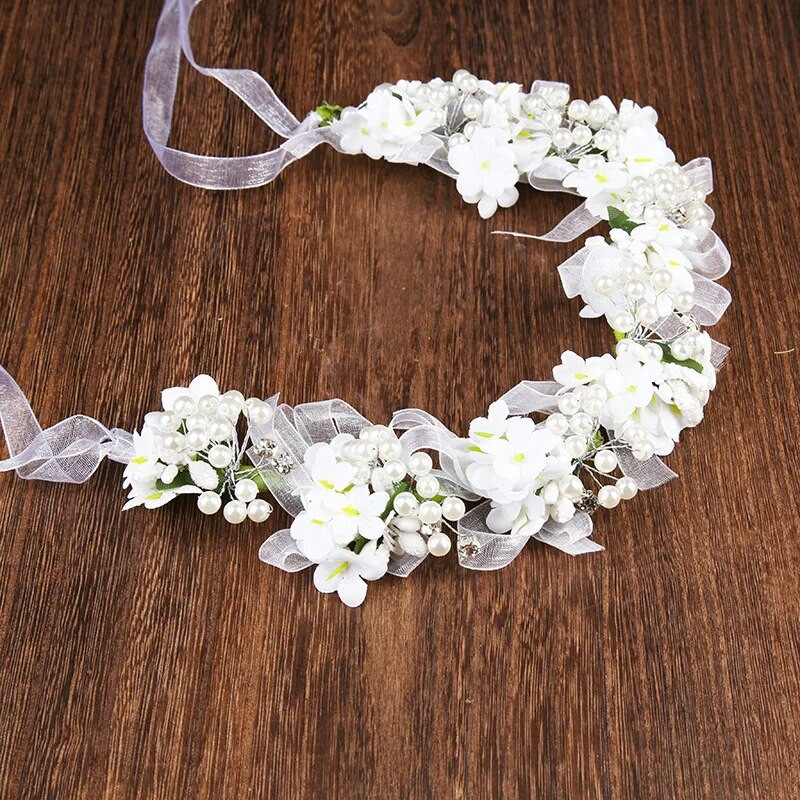 Ziedu pērļu matu lente ar lenti Kāzu līgavu matu aksesuāri Temperamenta galvas lentes Laulību ballītes vainags Garland Rotaslietas