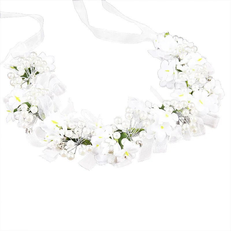 Ziedu pērļu matu lente ar lenti Kāzu līgavu matu aksesuāri Temperamenta galvas lentes Laulību ballītes vainags Garland Rotaslietas
