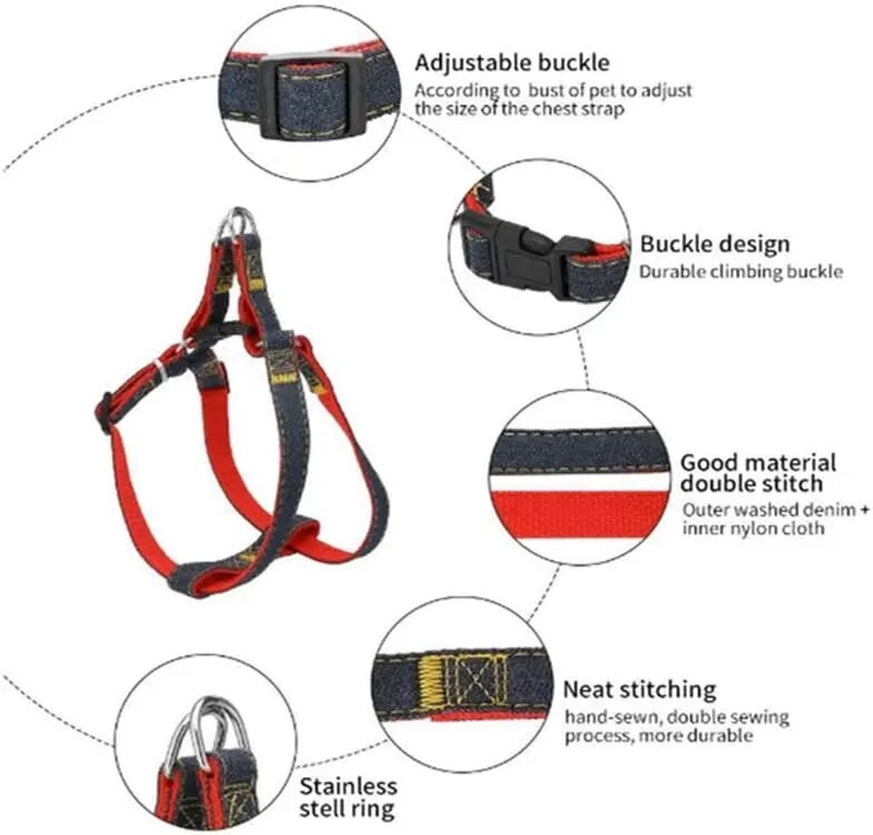 Suņu pavadas siksnas regulējams apkakles komplekts Džinsu mājdzīvnieku veste maziem un vidēji lieliem suņiem Mājas kaķa vads pastaigu apmācībai