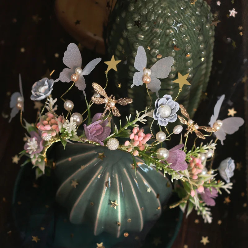 Krāsains Sen departaments Xianmei Flower Crown Galvassegas Meitene Puķu meitene uzstājas ar tauriņu ziedu gredzenu matu josla roku darbs H