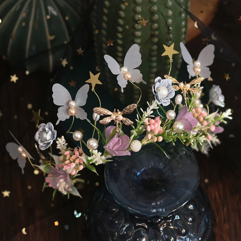 Krāsains Sen departaments Xianmei Flower Crown Galvassegas Meitene Puķu meitene uzstājas ar tauriņu ziedu gredzenu matu josla roku darbs H