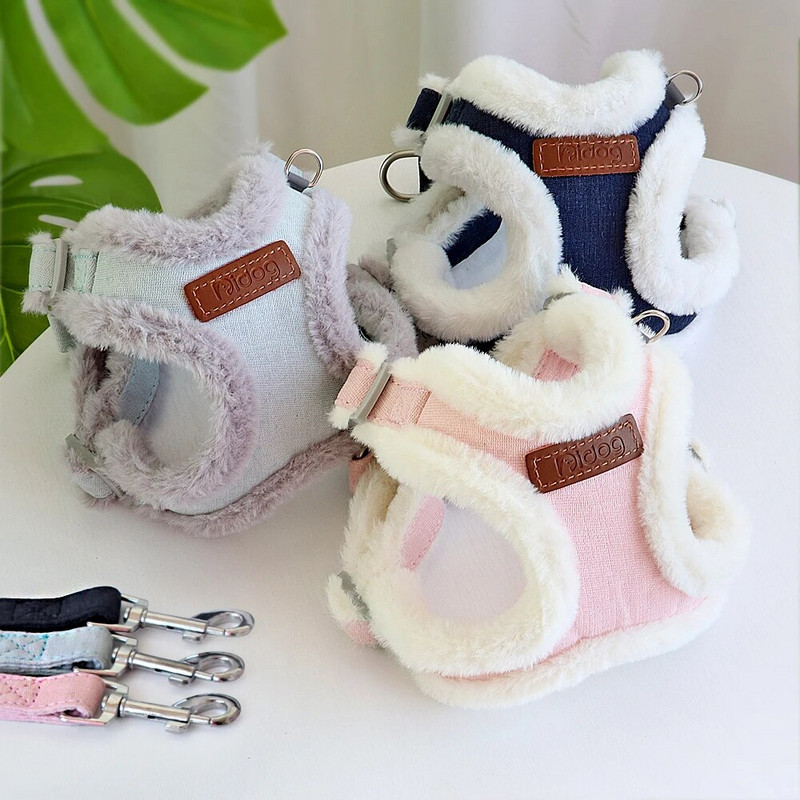 Siltas ziemas suņu iejūgas un pavadas komplekts mīkstas kažokādas polsterētas suņu kaķu vestes ar mājdzīvnieku pavada virvi maziem vidēji lieliem suņiem SL