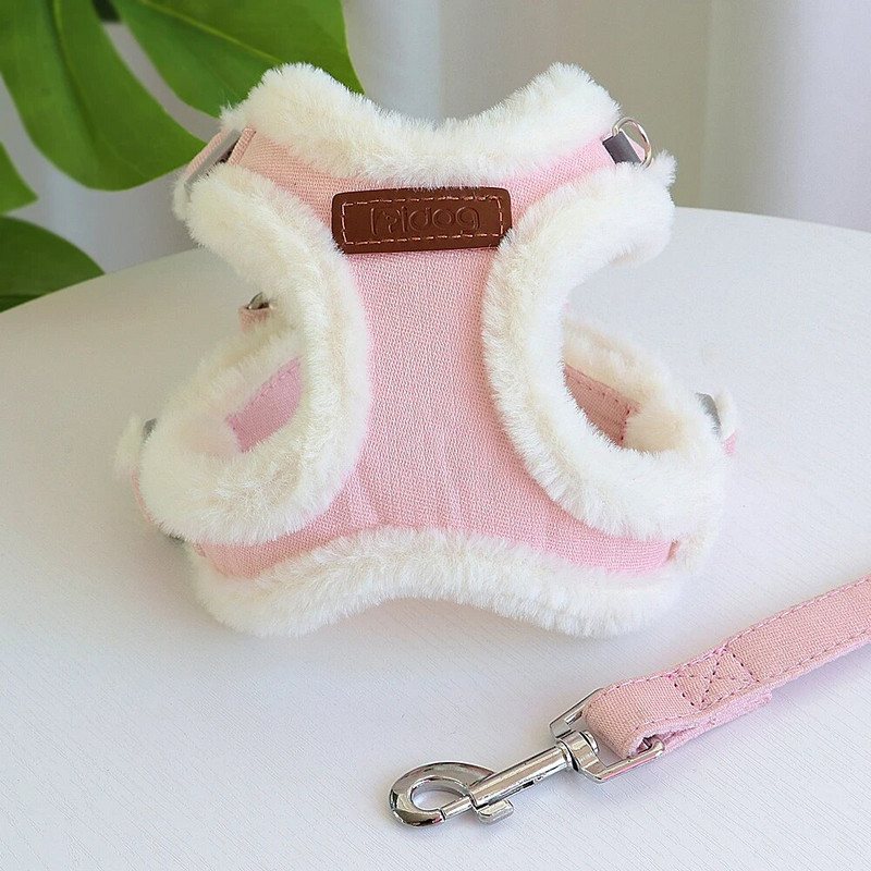 Siltas ziemas suņu iejūgas un pavadas komplekts mīkstas kažokādas polsterētas suņu kaķu vestes ar mājdzīvnieku pavada virvi maziem vidēji lieliem suņiem SL