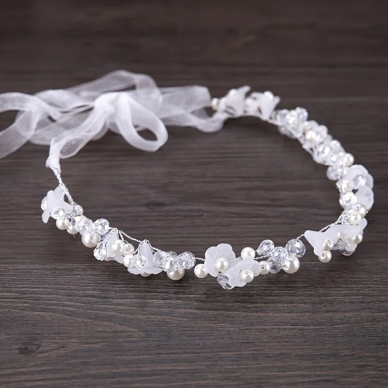 Crystal Pearl Flower Hair Vine Band Galvas lente Tiāra Sievietēm Līgava Meitene Rhinestone Kāzu Kāzu Matu Aksesuāri Rotaslietas Vīnogulājs