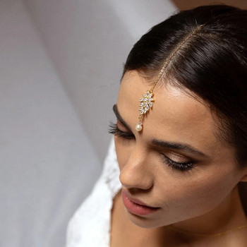Stonefans Елегантна цирконова верига за чело Сватбени аксесоари за глава Сватбени аксесоари 2023 Перлена висулка Индийски булчински бижута за коса за жени