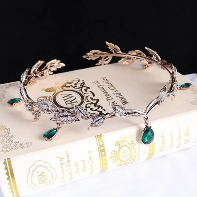KMVEXO Vintage melns smaragdzaļa pasaku kronis Tiāras kristāla lapu elfs Tiara bandana matu aksesuāri sieviešu kostīmu kāzām