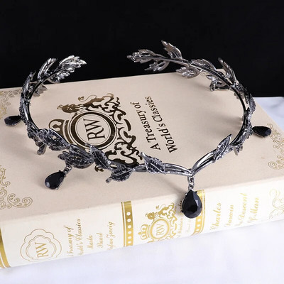 KMVEXO Vintage melns smaragdzaļa pasaku kronis Tiāras kristāla lapu elfs Tiara bandana matu aksesuāri sieviešu kostīmu kāzām