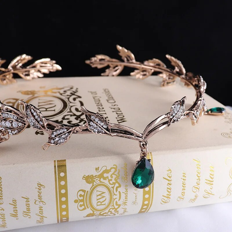 KMVEXO Vintage Μαύρο Emerald Green Fairy Crown Tiara Crystal Leaf Elf Tiara Bandana Αξεσουάρ μαλλιών για γυναικεία κοστούμια γάμου