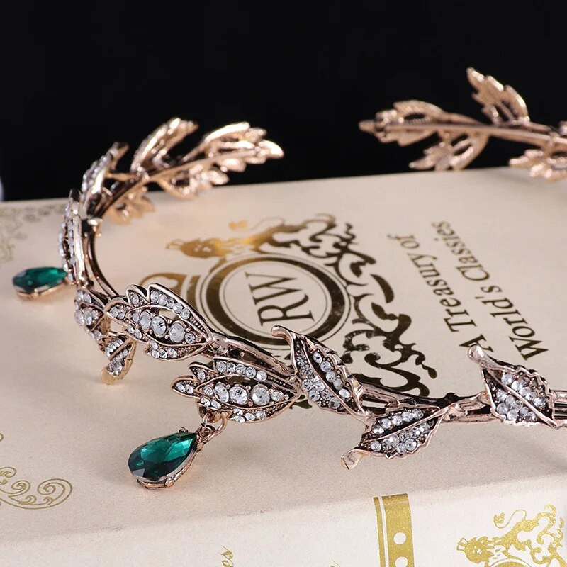 KMVEXO Vintage Μαύρο Emerald Green Fairy Crown Tiara Crystal Leaf Elf Tiara Bandana Αξεσουάρ μαλλιών για γυναικεία κοστούμια γάμου