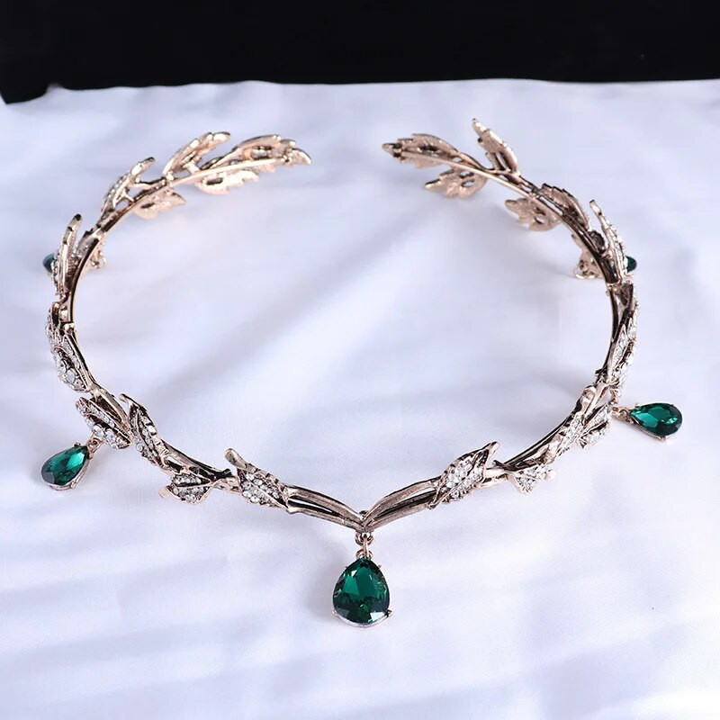 KMVEXO Vintage Μαύρο Emerald Green Fairy Crown Tiara Crystal Leaf Elf Tiara Bandana Αξεσουάρ μαλλιών για γυναικεία κοστούμια γάμου