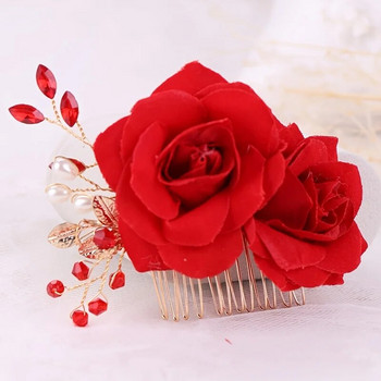 Гребени за коса с цветя от червена роза Сватбени бижута за булчинска глава Дамски бални шапки Аксесоари за коса с цветя Булчински гребен за коса