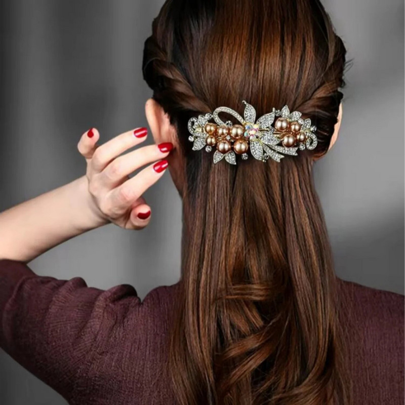 Jauna balta pērļu cirkona atsperu saspraude mirdzošs kalnu strēles ziedu tops, horizontāla saspraude Eleganta mātes modes matu rotājums