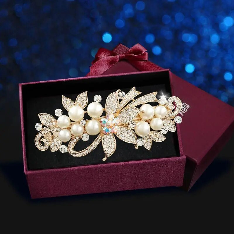 Jauna balta pērļu cirkona atsperu saspraude mirdzošs kalnu strēles ziedu tops, horizontāla saspraude Eleganta mātes modes matu rotājums