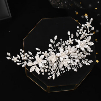 Ръчно изработен гребен за коса с цветя в сребрист цвят Перлен кристал с цветя Аксесоари за коса за жени Булка Сватбени аксесоари Диадема