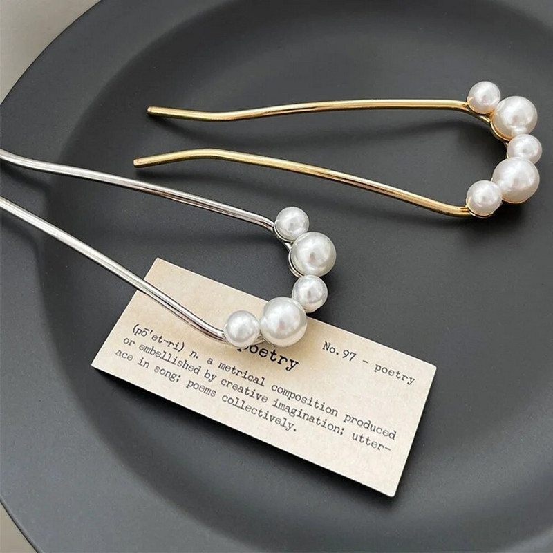 Egyszerű gyöngy hajtűk Koreai U-alakú fém kagyló hajcsattűk női lányok hajrudak konty készítő hajformázó kiegészítők