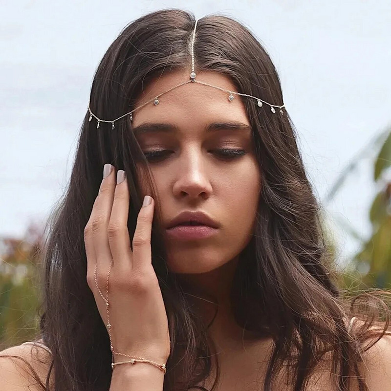 Stonefans Bohemia galvas saite Kristāla matu rotaslietas sievietēm Metāla galvas ķēde galvas rota Indijas boho galvassega Kāzu matu aksesuāri