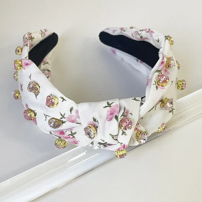 Svītras Ziedu Kokvilnas Rhinestone Pērles Pērlītes Rhinestone mezgls Matu Lente Galvas saite Pieaugušajiem Matu Aksesuāri Matu Jewley