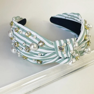 Svītras Ziedu Kokvilnas Rhinestone Pērles Pērlītes Rhinestone mezgls Matu Lente Galvas saite Pieaugušajiem Matu Aksesuāri Matu Jewley