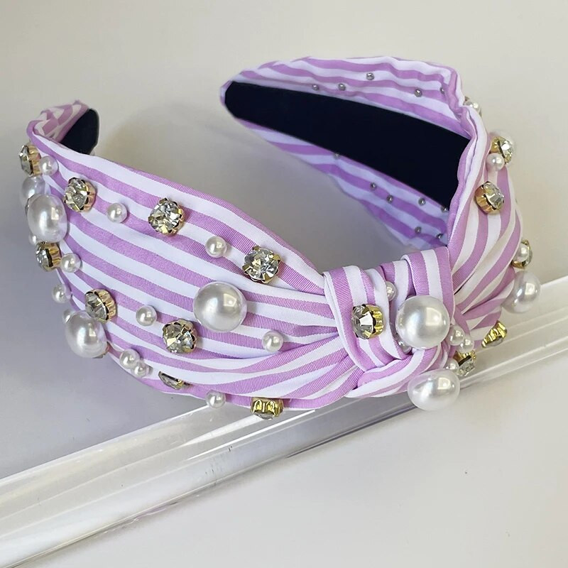 Svītras Ziedu Kokvilnas Rhinestone Pērles Pērlītes Rhinestone mezgls Matu Lente Galvas saite Pieaugušajiem Matu Aksesuāri Matu Jewley