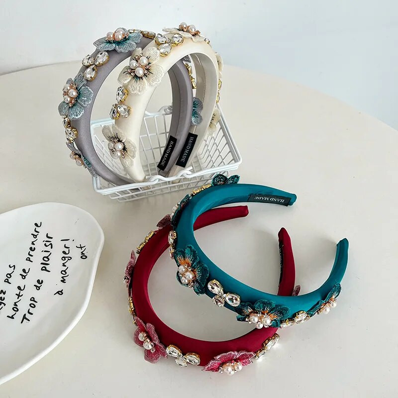 Luksusa baroka stila Rhinestone galvas lentes Matu stīpas Bohemia Vintage krāsainas kristāla kroņa ziedu matu lentes Biezas galvas lentes vairumtirdzniecība