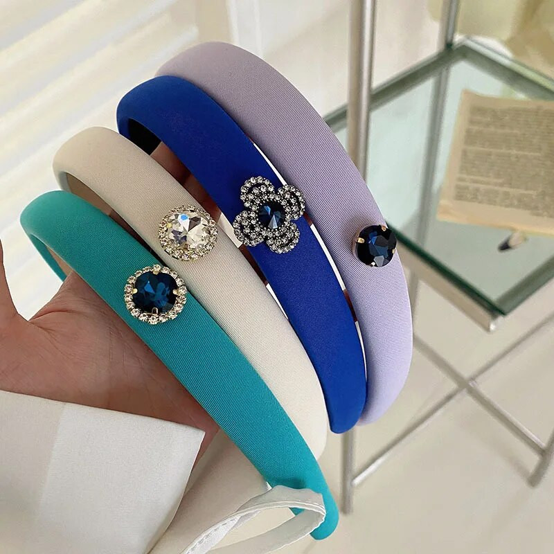 Korejiešu stila vienkārša sapņaini zila galvas saite ar plānām malām ar rombiem iestrādāta eleganta augsta galvaskausa matu stīpa, sūkļa matu sprādzes galvassega