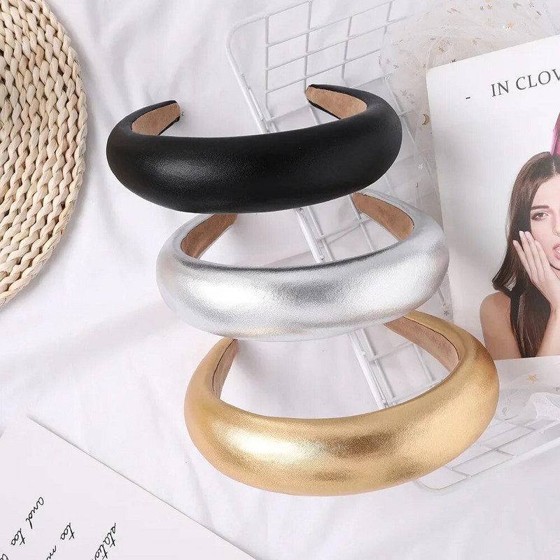 Χοντρό PU σφουγγαράκι με ελαστική ζώνη κεφαλής με επένδυση Vintage Alice Band Αξεσουάρ μαλλιών για γυναίκες και κορίτσια Μαύρο χρυσό ασημί