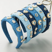 Retro džinsa auduma Devil`s Eye galvas saite sieviešu sakausējuma sirds formā ar dimanta pērļu matu aksesuāriem