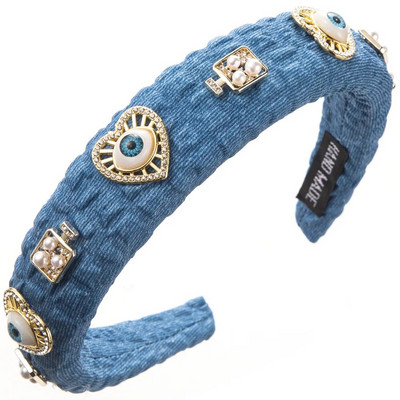 Retro džinsa auduma Devil`s Eye galvas saite sieviešu sakausējuma sirds formā ar dimanta pērļu matu aksesuāriem