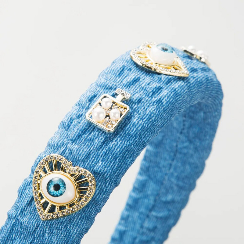 Retro džinsa auduma Devil`s Eye galvas saite sieviešu sakausējuma sirds formā ar dimanta pērļu matu aksesuāriem