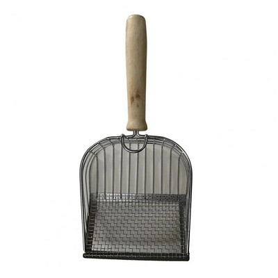 Mājdzīvnieku rīks Metāla kaķu pakaišu liekšķere ar garu koka rokturi, nelīpošs, rievots sijātājs, kas paredzēts kaķēnu izkārnījumu izmēram.