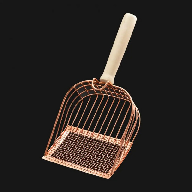 Mājdzīvnieku rīks Metāla kaķu pakaišu liekšķere ar garu koka rokturi, nelīpošs, rievots sijātājs, kas paredzēts kaķēnu izkārnījumu izmēram.