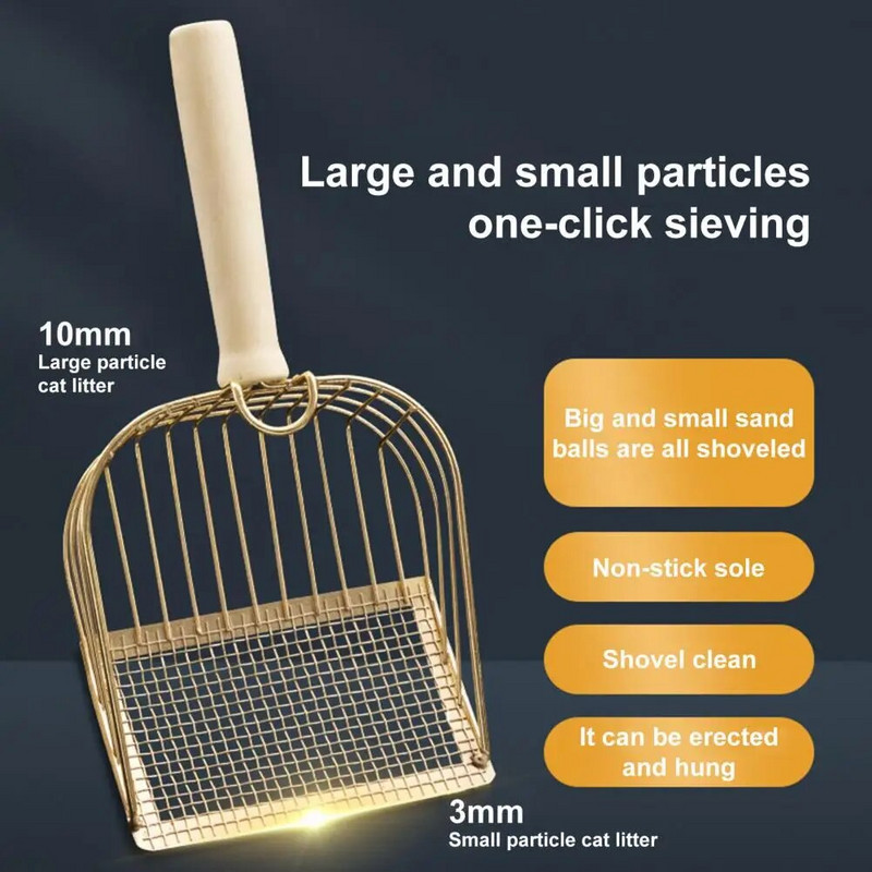 Mājdzīvnieku rīks Metāla kaķu pakaišu liekšķere ar garu koka rokturi, nelīpošs, rievots sijātājs, kas paredzēts kaķēnu izkārnījumu izmēram.