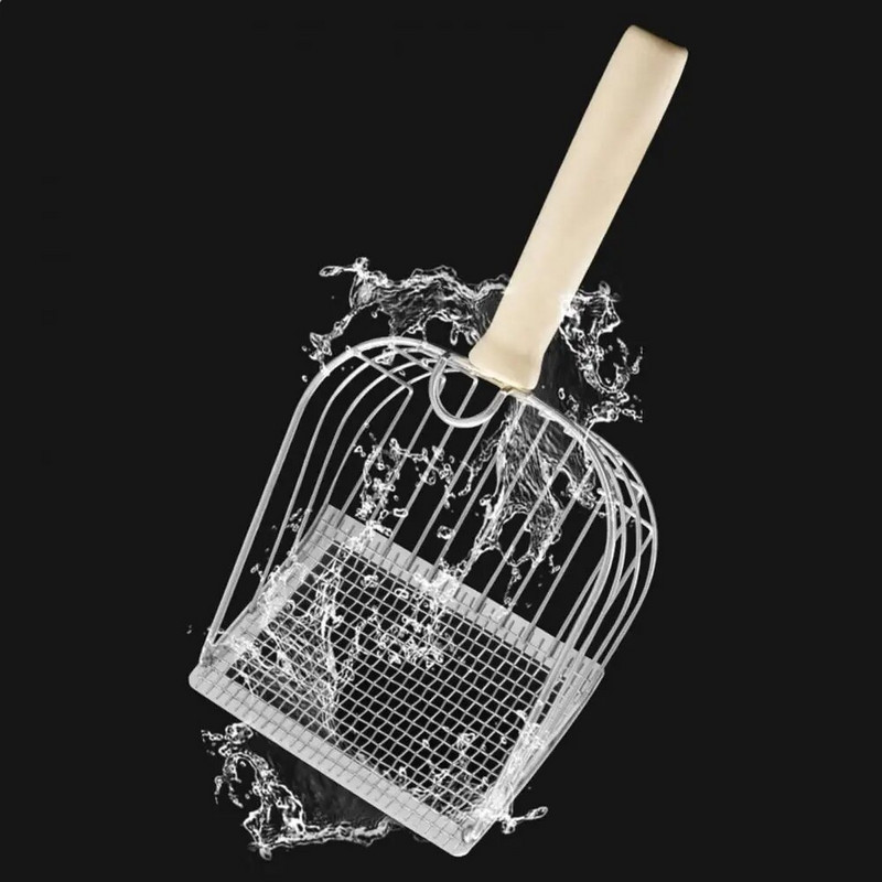 Mājdzīvnieku rīks Metāla kaķu pakaišu liekšķere ar garu koka rokturi, nelīpošs, rievots sijātājs, kas paredzēts kaķēnu izkārnījumu izmēram.