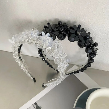 Триизмерна лента за глава с украсени с мъниста цветя Модни аксесоари за коса Дамски ленти за коса с кристални перли Сладък обръч за коса