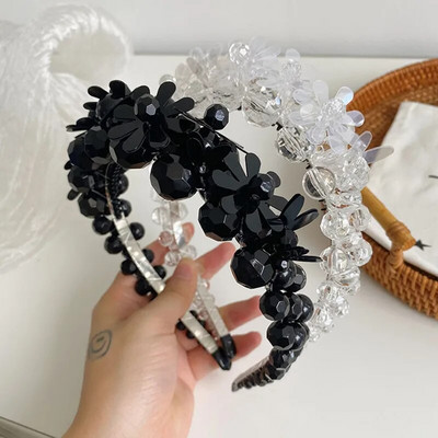 Триизмерна лента за глава с украсени с мъниста цветя Модни аксесоари за коса Дамски ленти за коса с кристални перли Сладък обръч за коса
