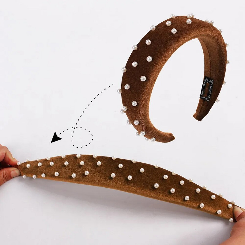 Új divatos szivacs vastag bársony fejpántok női hajkiegészítők szalag őszi széles szimulációs gyöngyök fejfedők hajpántok