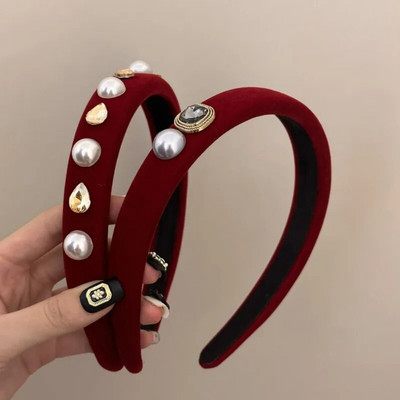 Banda de păr roșie de Anul Nou Banda de păr pentru femei pentru spălarea feței cu perle Toamnă și iarnă Agrafe de păr cu simț înalt Ornamente pentru păr Accesorii pentru cap