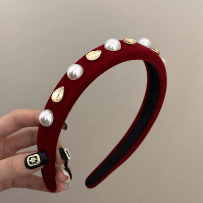 Πρωτοχρονιάτικο κόκκινα μαλλιά γυναικεία μαργαριταρένια μπάντα μαλλιών φθινόπωρο και χειμώνα υψηλής αίσθησης φουρκέτα στολίδι Αξεσουάρ κεφαλιού