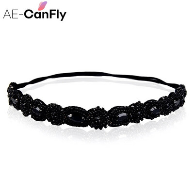 AE-CANFLY Vintage Μαύρες Γυαλιστερές Κρυστάλλινες Χάντρες Elastic Headband Γυναικεία αξεσουάρ μαλλιών 1H5004