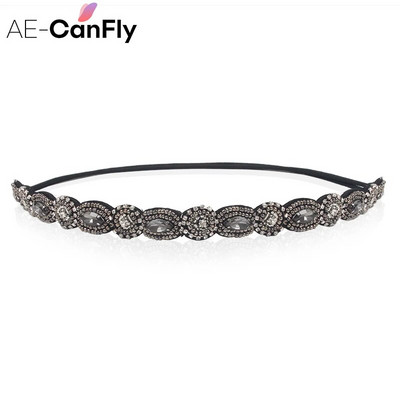 AE-CANFLY Vintage Μαύρες Γυαλιστερές Κρυστάλλινες Χάντρες Elastic Headband Γυναικεία αξεσουάρ μαλλιών 1H5004