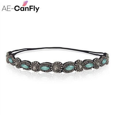 AE-CANFLY Vintage Μαύρες Γυαλιστερές Κρυστάλλινες Χάντρες Elastic Headband Γυναικεία αξεσουάρ μαλλιών 1H5004