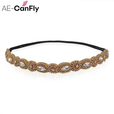 AE-CANFLY Vintage Μαύρες Γυαλιστερές Κρυστάλλινες Χάντρες Elastic Headband Γυναικεία αξεσουάρ μαλλιών 1H5004
