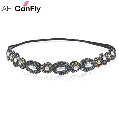 AE-CANFLY Vintage Μαύρες Γυαλιστερές Κρυστάλλινες Χάντρες Elastic Headband Γυναικεία αξεσουάρ μαλλιών 1H5004